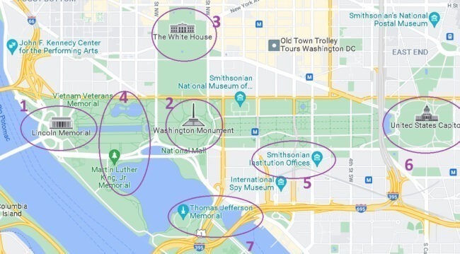 Mapa do National Mall em Washington DC