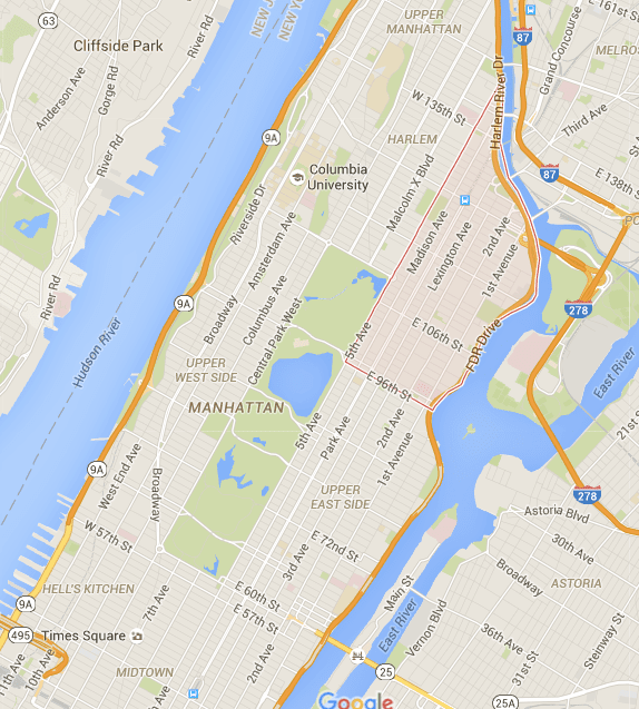 O East Harlem fica logo acima do Upper East Side, em Mahattan, conforme é possível ver no mapa