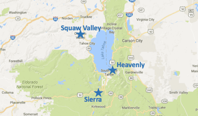 Mapa mostrando as estações de esqui Heavenly, Squaw Valley e Sierra