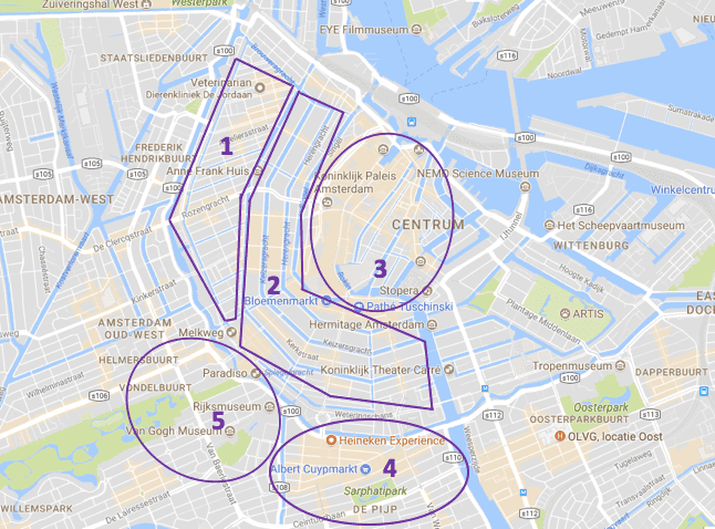 Mapa cartográfico de Amsterdam, assinalando alguns dos bairros onde se hospedar. 