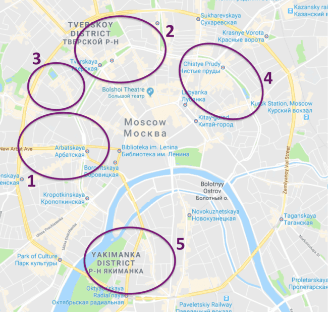 Mapa das regiões de Moscou para se hospedar