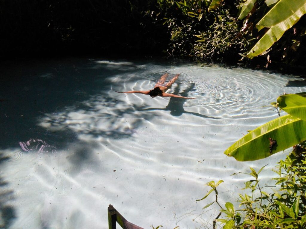 Pessoa mergulhando em um dos fervedouros do Jalapão, com águas cristalinas e cercado por vegetação.