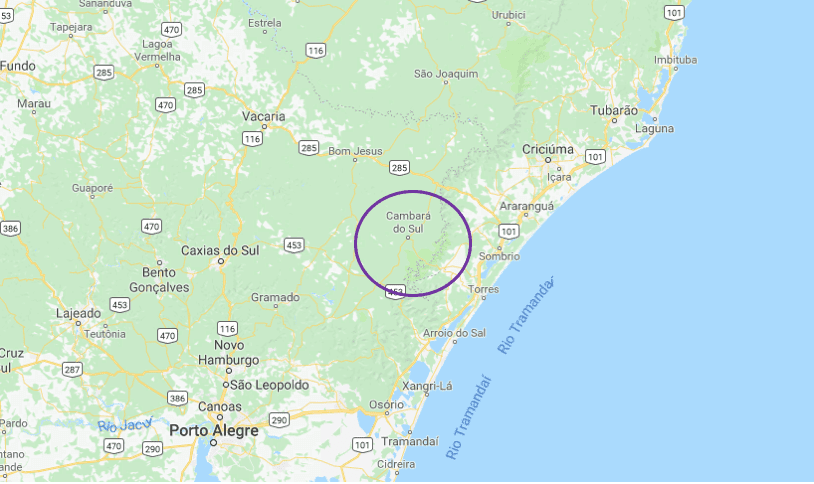 Mapa cartográfico da região sul do Brasil, com círculo indicando os cânions