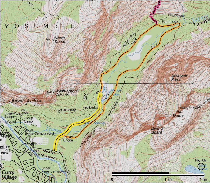 mapa cartográfico da trilha de Mirror Lake em Yosemite. 