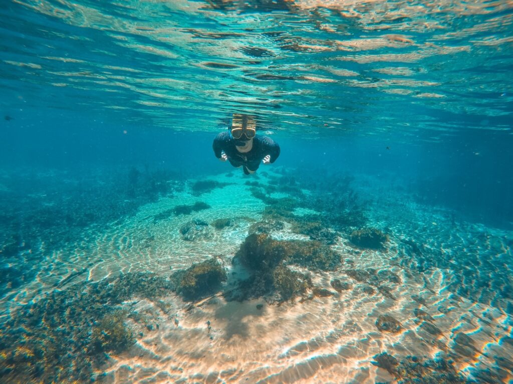 Foto embaixo da água, no centro há um homem com roupa de neoprene preta e máscara e snorkel nadando na superfície da água.