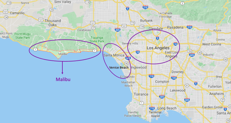 mapa cartográfico da região de Los Angeles, sinalizando onde fica Malibu, Santa Monica e Venice Beach em relação a LA. 